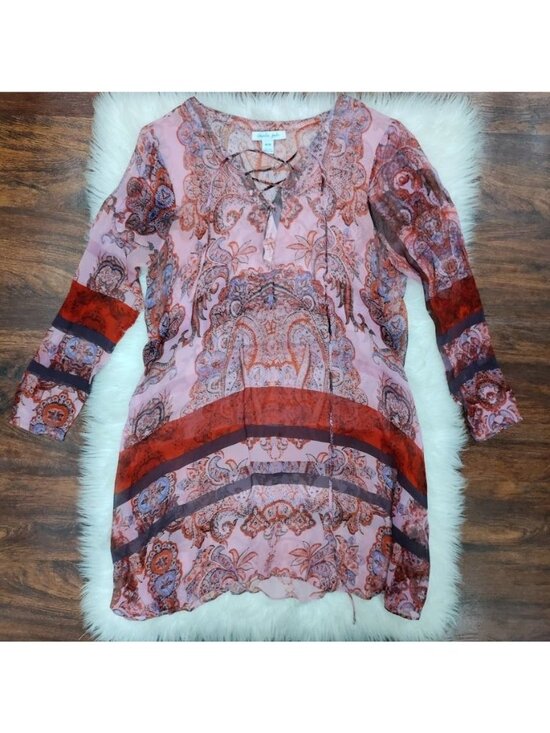 Charlie Jade Silk Womens Paisley Print Boho Tunic Dress M Pink & Red - Picture 4 of 10